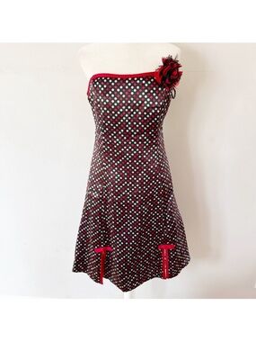 red and black polka dot slip dress VTG Vanity Fair Slip Dress MED/LARGE Red w/Black Polka Dots Lace High Side Slit